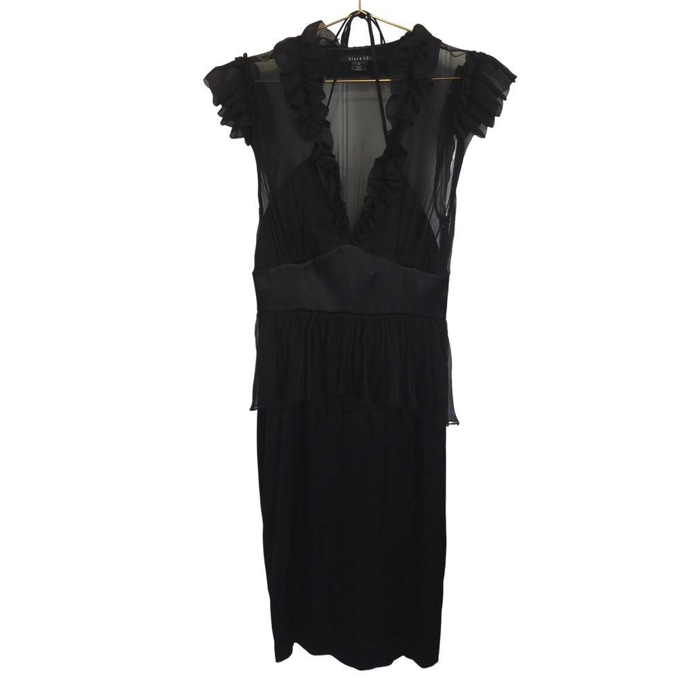 Black Halo Silk Ruffle Sheer V-Neck Peplum Cocktail Dress Black Size M
